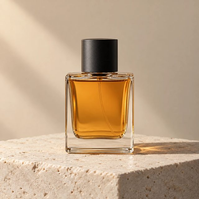 Perfume sobre piedra: fotografía de producto con luz natural: resultado generado con IA